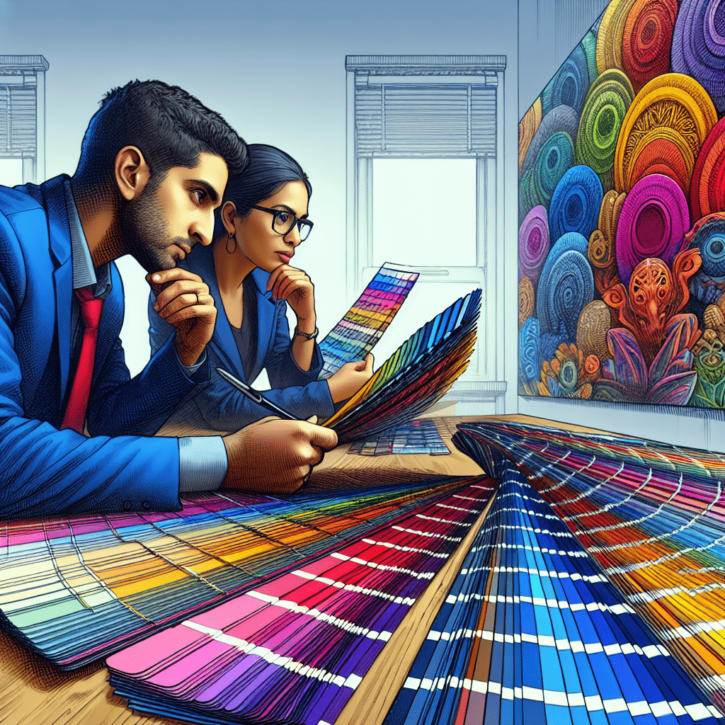 Illustration of designers deciding on the correct colors to use for a client.