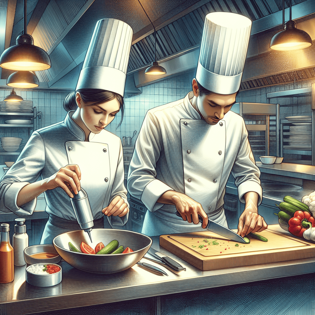 A chef and sous chef preparing a meal. AI-generated image.