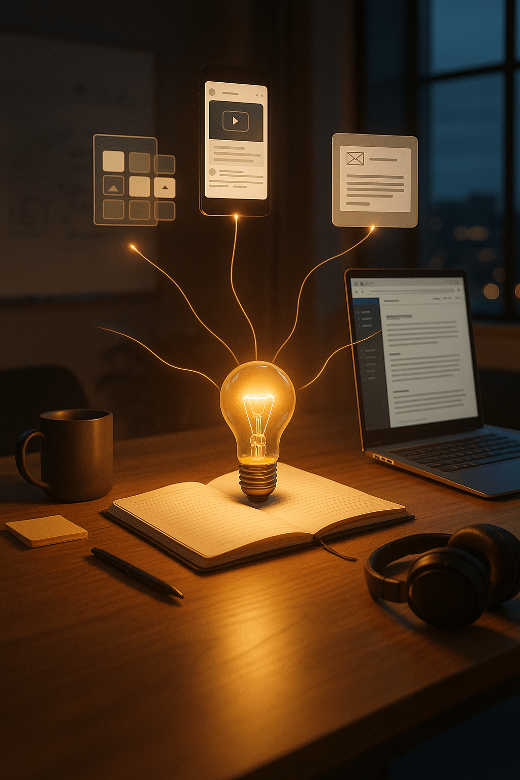 Glowing lightbulb on an open notebook in a modern studio, with golden lines connecting it to floating screens for social posts, email, and a laptop, symbolizing one idea powering many pieces of content.