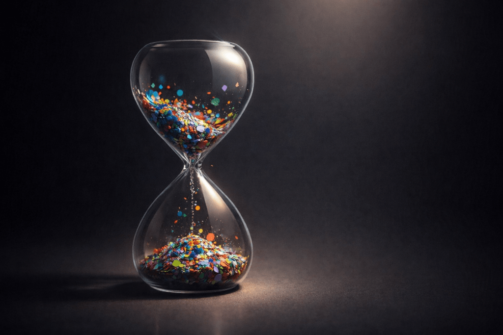 Glass hourglass filled with colorful confetti instead of sand, a visual metaphor for time, longevity, and life expectancy.