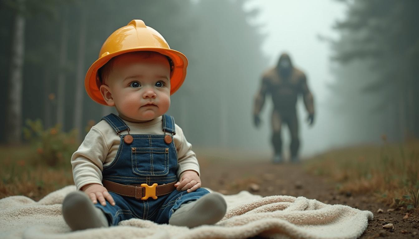 Baby in a yellow hard hat sitting on a blanket on a foggy forest path, with a blurred Bigfoot silhouette in the background, symbolizing viral trends that have already passed.